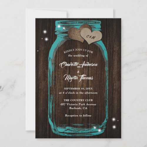 Rustic Teal Wood Burlap Heart Mason Jar Wedding Invitation