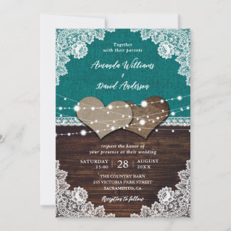 Rustic Teal Wood Burlap Lace String Lights Wedding Invitation