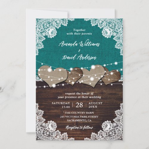 Rustic Teal Wood Burlap Lace String Lights Wedding Invitation