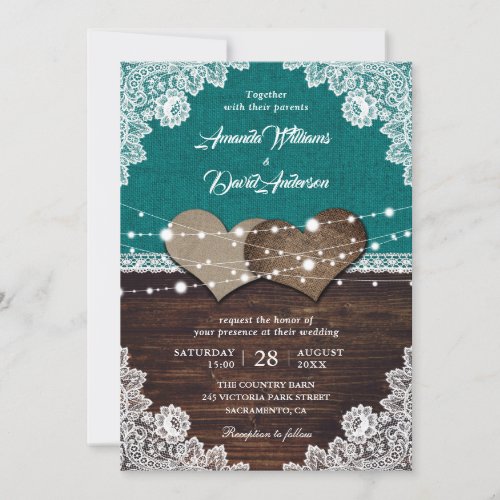 Rustic Teal Wood Burlap Lace String Lights Wedding Invitation