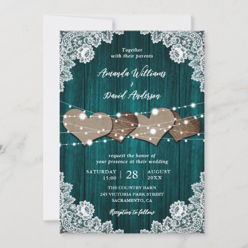 Rustic Teal Wood Burlap Lace Wedding Invitation