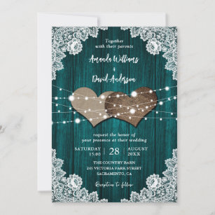 Rustic Teal Wood Burlap Lace Wedding Invitation