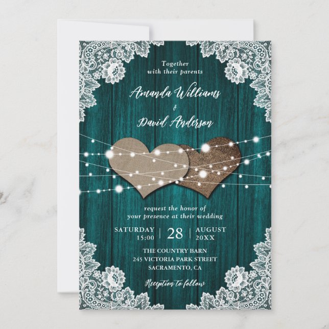Rustic Teal Wood Burlap Lace Wedding Invitation (Front)