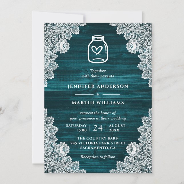 Rustic Teal Wood Floral Lace Mason Jar Wedding Invitation (Front)