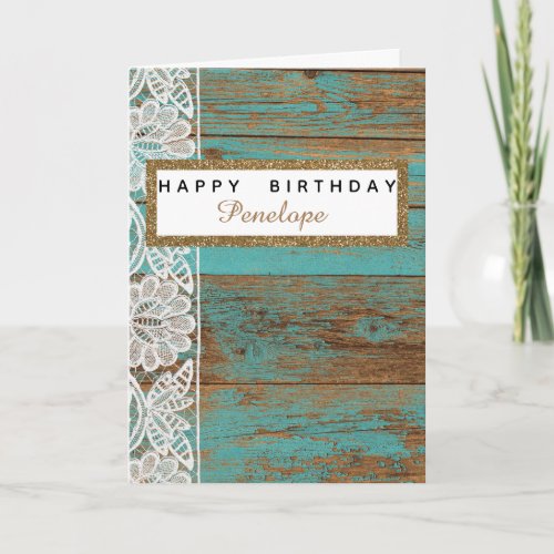 Rustic Teal Wood Lace Glitter Birthday Card