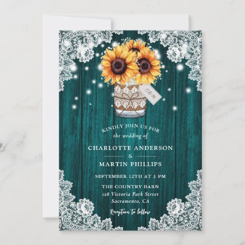 Rustic Teal Wood Lace Mason Jar Sunflower Wedding Invitation
