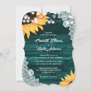 Rustic Teal Wood Lace Sunflower Wedding Invitation