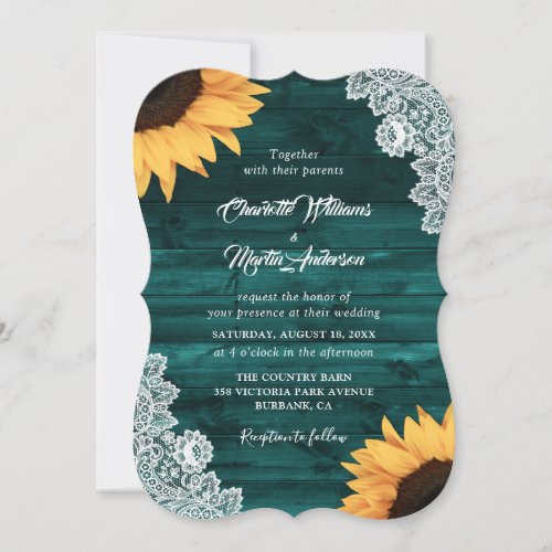 Rustic Teal Wood Lace Sunflower Wedding Invitation