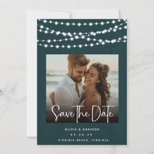 Rustic Teal Wood Lights 2 Photos Save the Date 