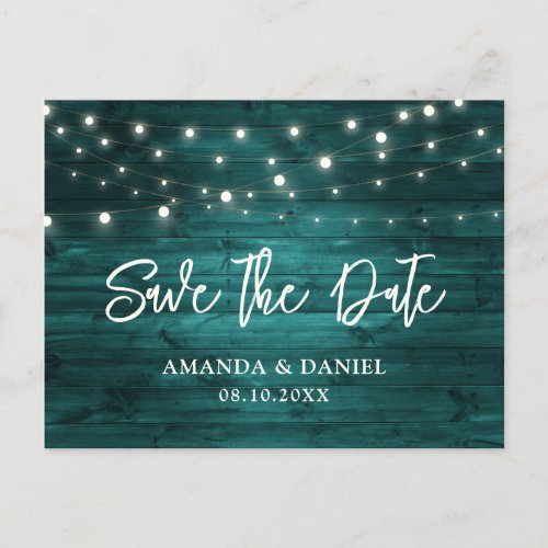 Rustic Teal Wood Lights Wedding Save The Date Announcement Postcard