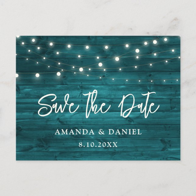 Rustic Teal Wood Lights Wedding Save The Date Announcement Postcard (Front)