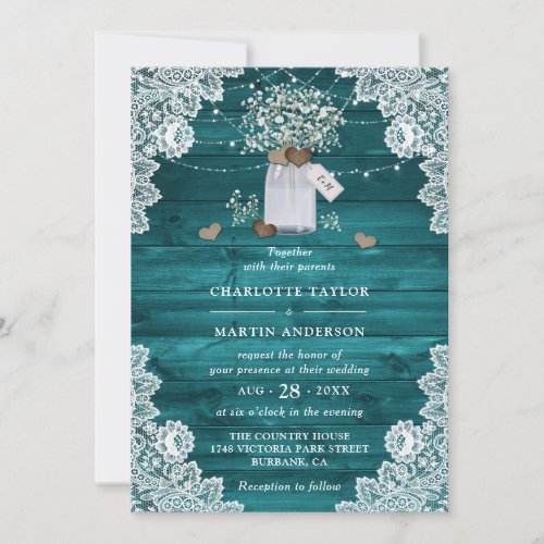 Rustic Teal Wood Mason Jar Floral Wedding Invitation