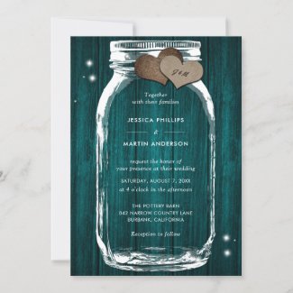 Rustic Teal Wood Mason Jar Wedding Invitations