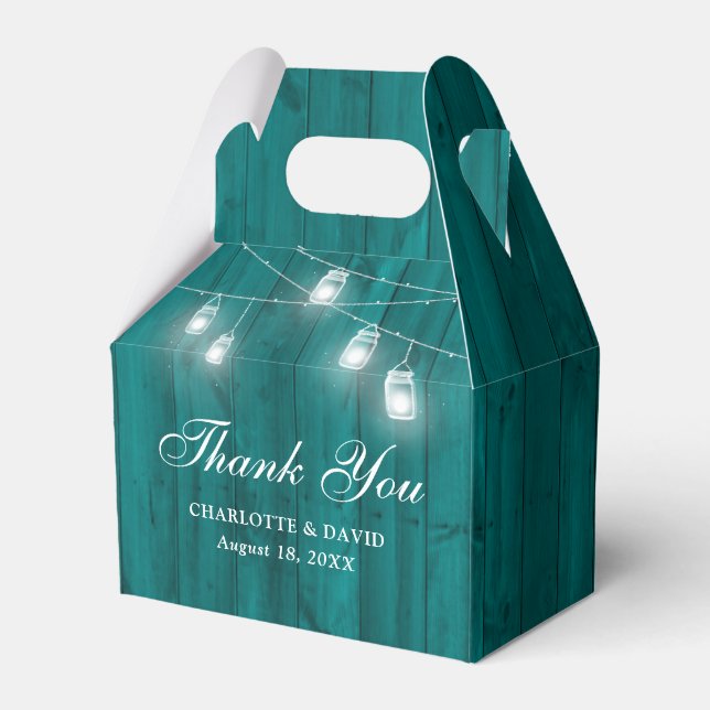 Rustic Teal Wood Mason Jars Wedding Thank You Favor Boxes (Front Side)