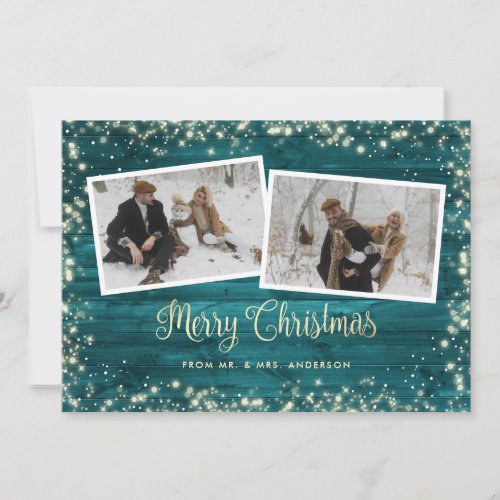 Rustic Teal Wood Newlyweds Photo Merry Christmas Holiday Card