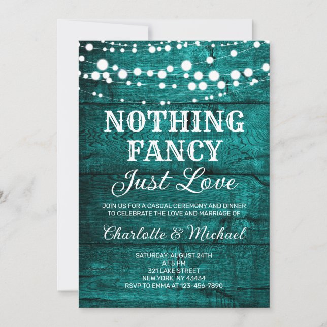  Rustic Teal Wood Nothing Fancy Just Love Wedding Invitation (Front)