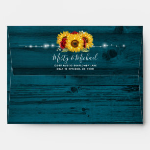 Rustic Teal Wood Red Rose Sunflower Return Address Envelope
