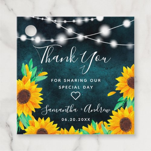 Rustic teal wood string lights sunflowers thanks favor tags