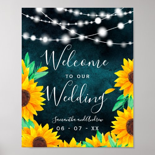 Rustic teal wood string lights sunflowers welcome poster