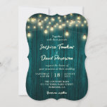Rustic Teal Wood String Lights Wedding Invitation