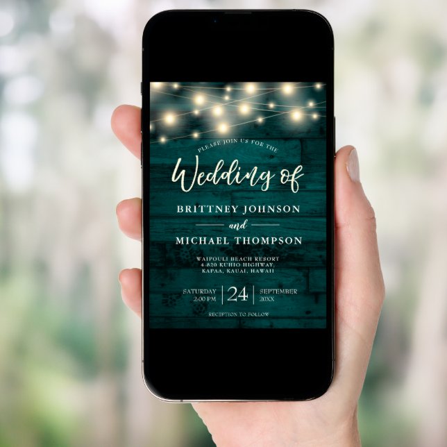 Rustic Teal Wood String Lights Wedding Invitation (Front Digital)