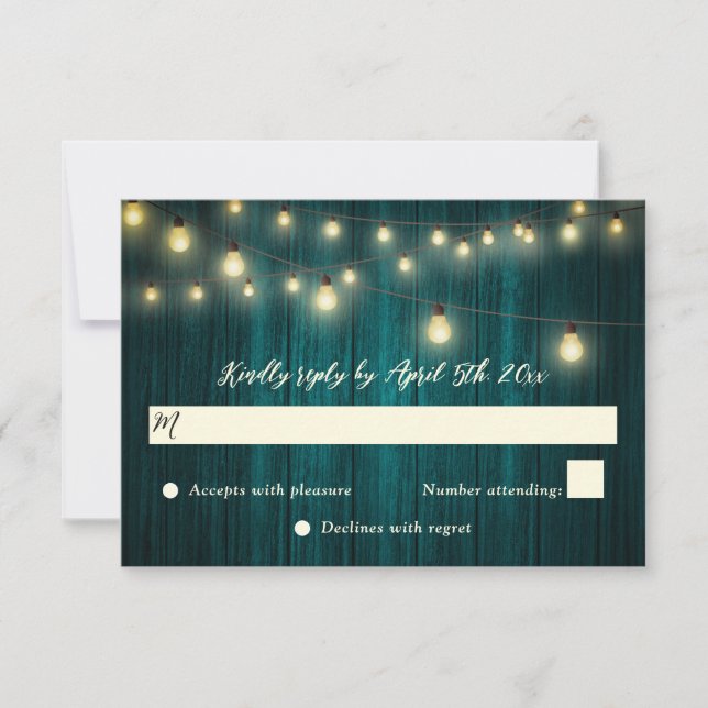 Rustic Teal Wood String Lights Wedding RSVP Card (Front)