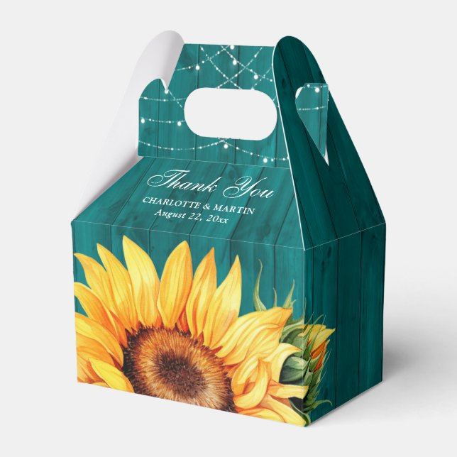 Rustic Teal Wood Sunflower Floral Monogram Favor Boxes (Front Side)