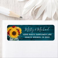 Rustic Teal Wood Sunflower Red Rose Return Address