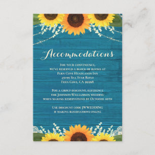 Rustic Teal Wood Sunflower Wedding Accommodations Enclosure Card