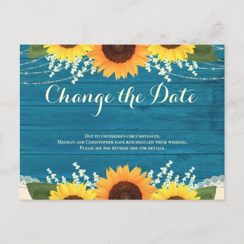 Rustic Teal Wood Sunflower Wedding Change the Date Postcard