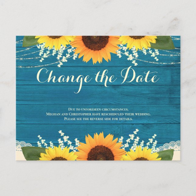 Rustic Teal Wood Sunflower Wedding Change the Date Postcard (Front)