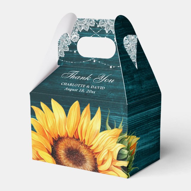 Rustic Teal Wood Sunflower Wedding Favor Box (Front Side)