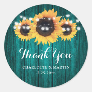 Rustic Teal Wood Sunflower Wedding Favor Classic Round Sticker