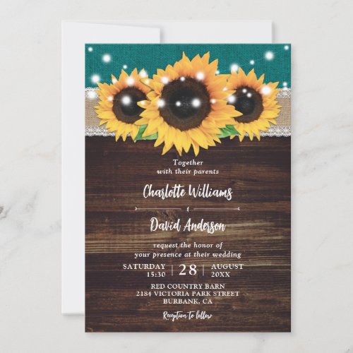 Rustic Teal Wood Sunflower Wedding Invitation