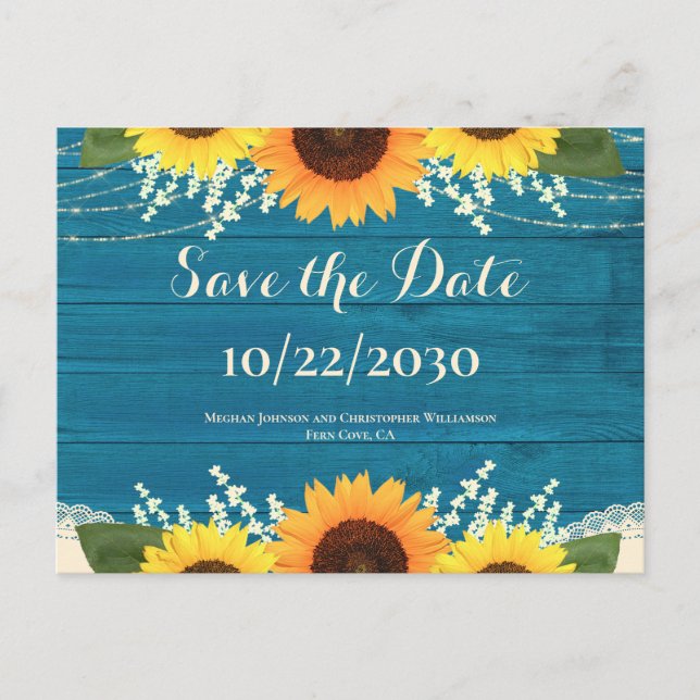 Rustic Teal Wood Sunflower Wedding Save the Date Postcard (Front)