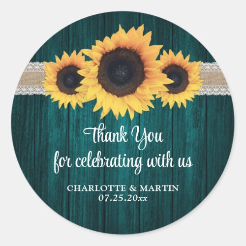 Rustic Teal Wood Sunflower Wedding Thank You Classic Round Sticker