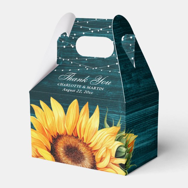 Rustic Teal Wood Sunflower Wedding Thank You Favor Boxes (Front Side)