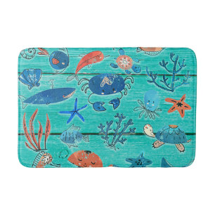 Rustic Teal Wood & Under the Sea Friends Whimsical Bath Mat