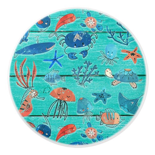 Rustic Teal Wood  Under the Sea Friends Whimsical Ceramic Knob