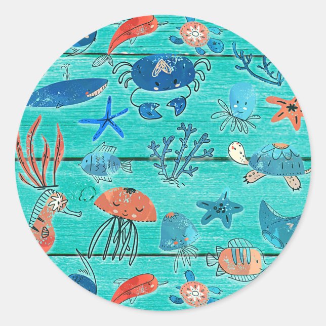 Rustic Teal Wood & Under the Sea Friends Whimsical Classic Round Sticker (Front)