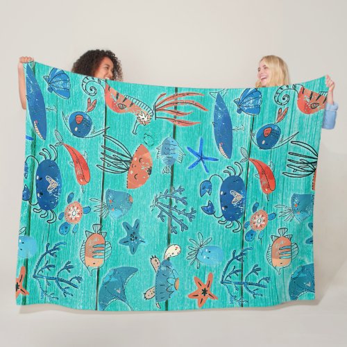 Rustic Teal Wood  Under the Sea Friends Whimsical Fleece Blanket