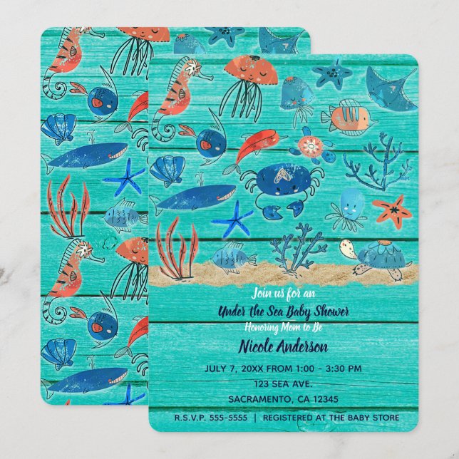 Rustic Teal Wood & Under the Sea Friends Whimsical Invitation (Front/Back)