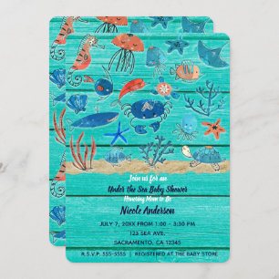 Rustic Teal Wood & Under the Sea Friends Whimsical Invitation