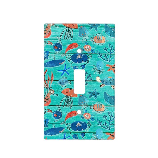 Rustic Teal Wood & Under the Sea Friends Whimsical Light Switch Cover (Front)