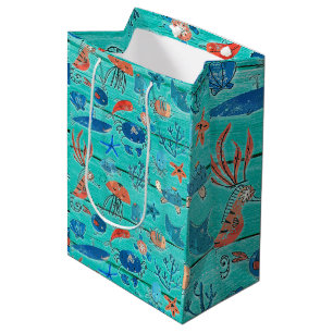 Rustic Teal Wood & Under the Sea Friends Whimsical Medium Gift Bag