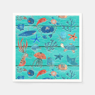 Rustic Teal Wood & Under the Sea Friends Whimsical Napkins