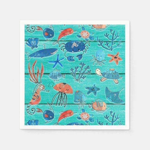 Rustic Teal Wood  Under the Sea Friends Whimsical Napkins