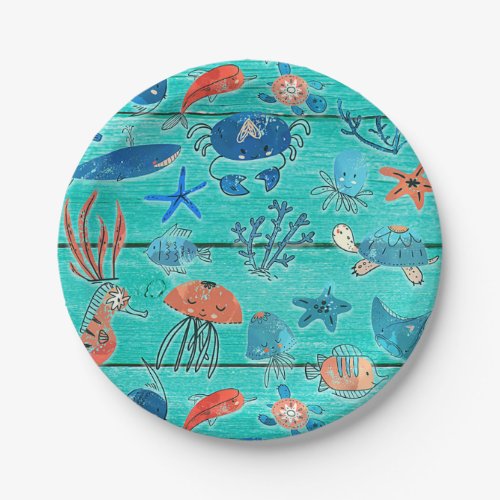 Rustic Teal Wood  Under the Sea Friends Whimsical Paper Plates