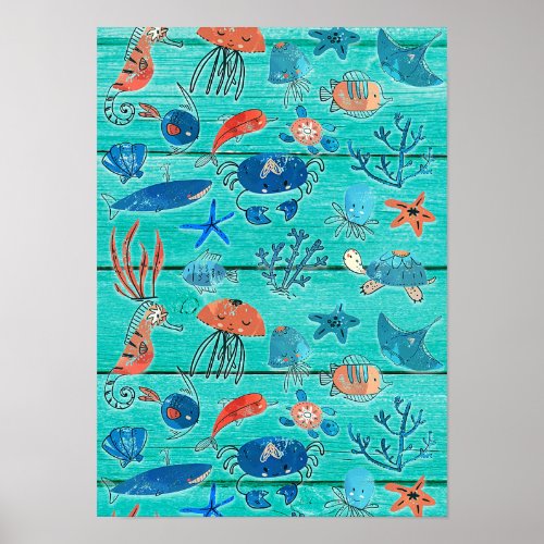 Rustic Teal Wood  Under the Sea Friends Whimsical Poster