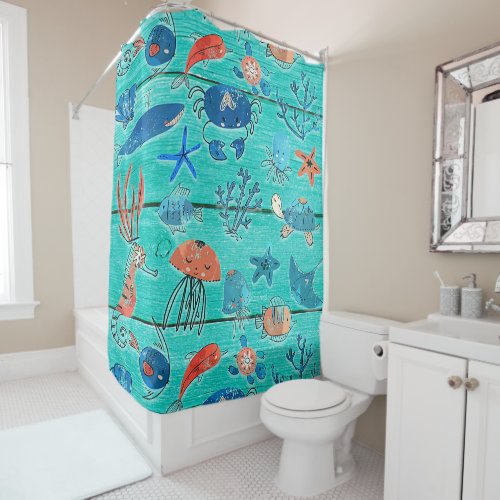 Rustic Teal Wood  Under the Sea Friends Whimsical Shower Curtain